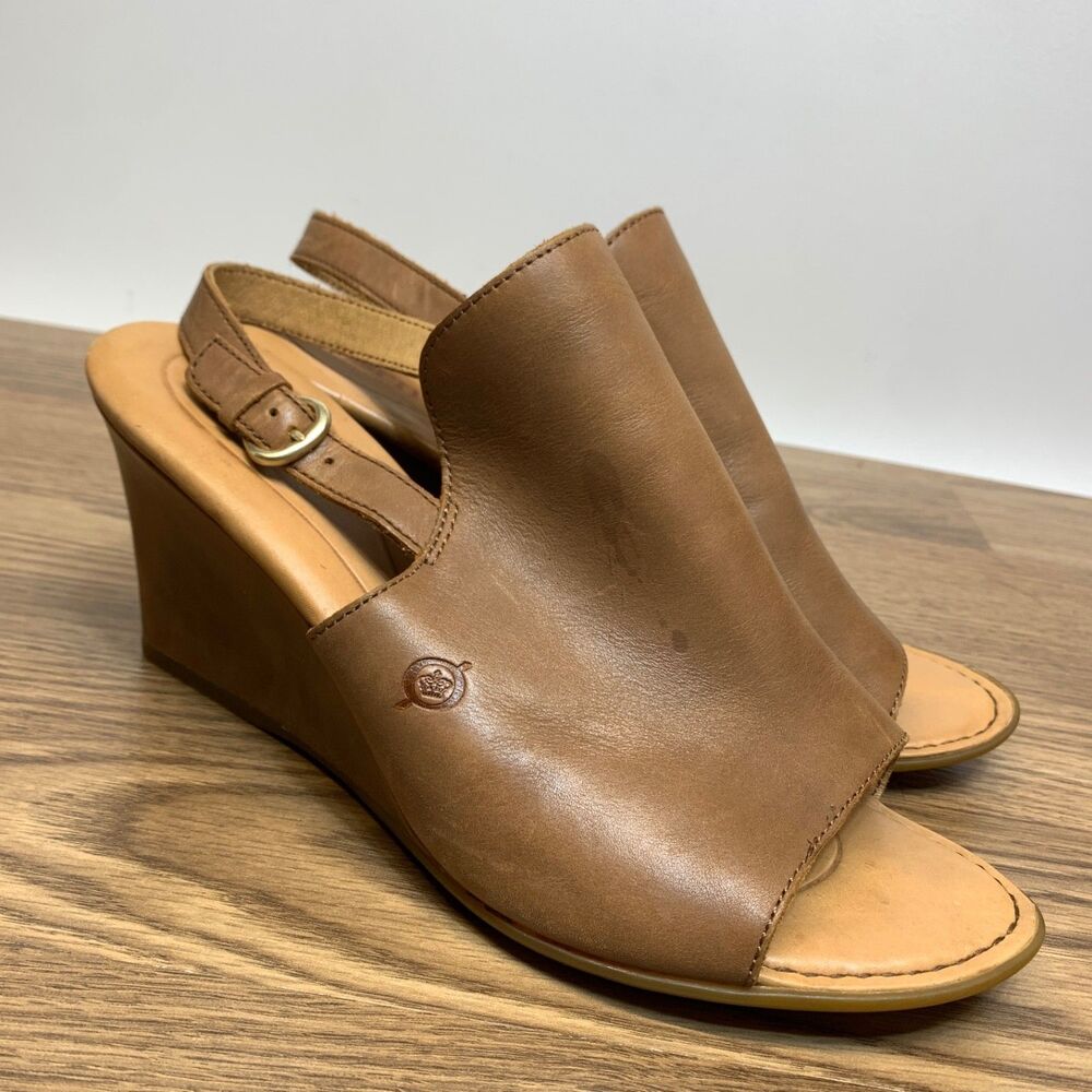 Born Womens Sandal Bevi Wedge Heels Shoes Brown Leather Slingback Buckle 11 M